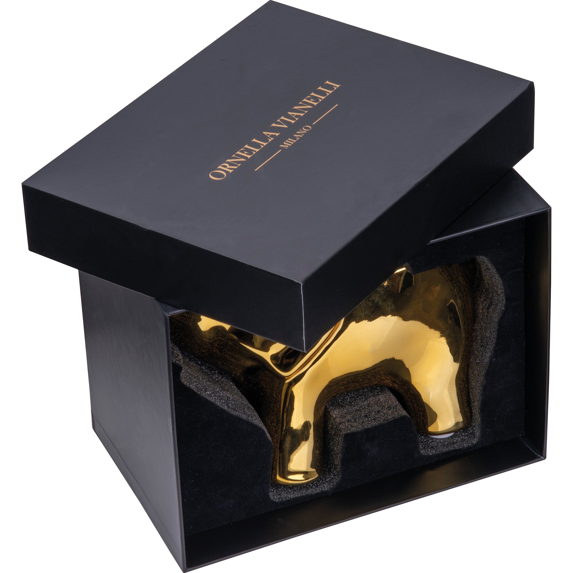 Bild 6 — Geöffnete Maison-Box mit goldenem Elefante Imperiale, Verpackung von Ornella Vianelli Milano